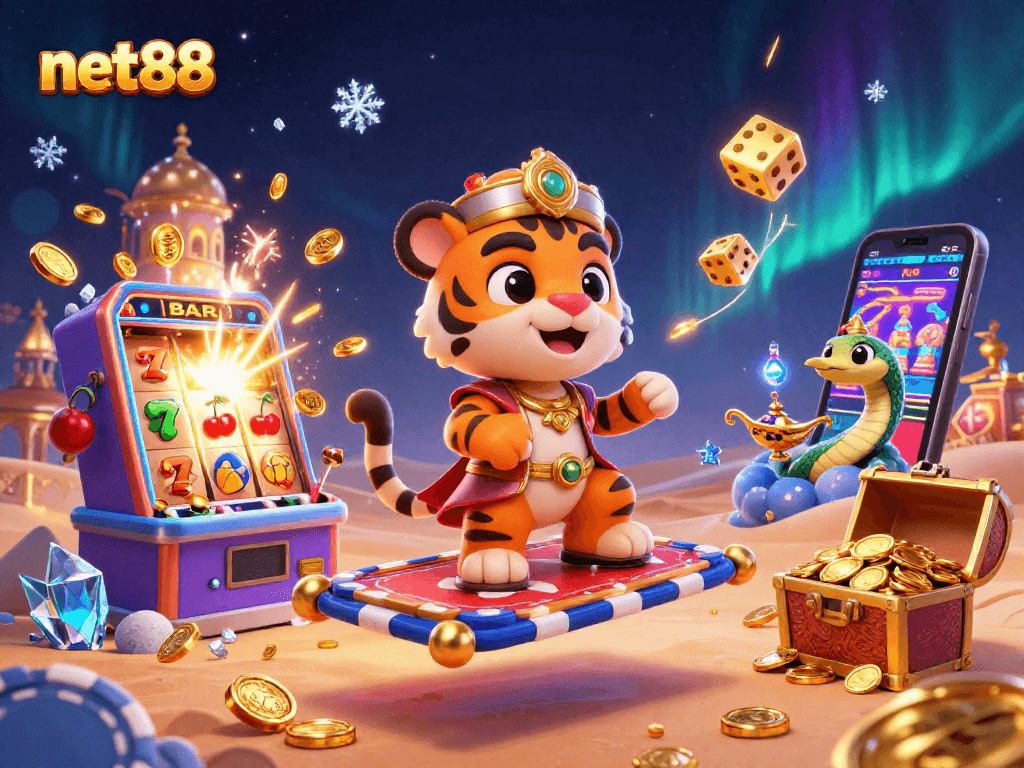 Experience thrilling wins at net88 with a vibrant 3D casino scene filled with dynamic game elements.