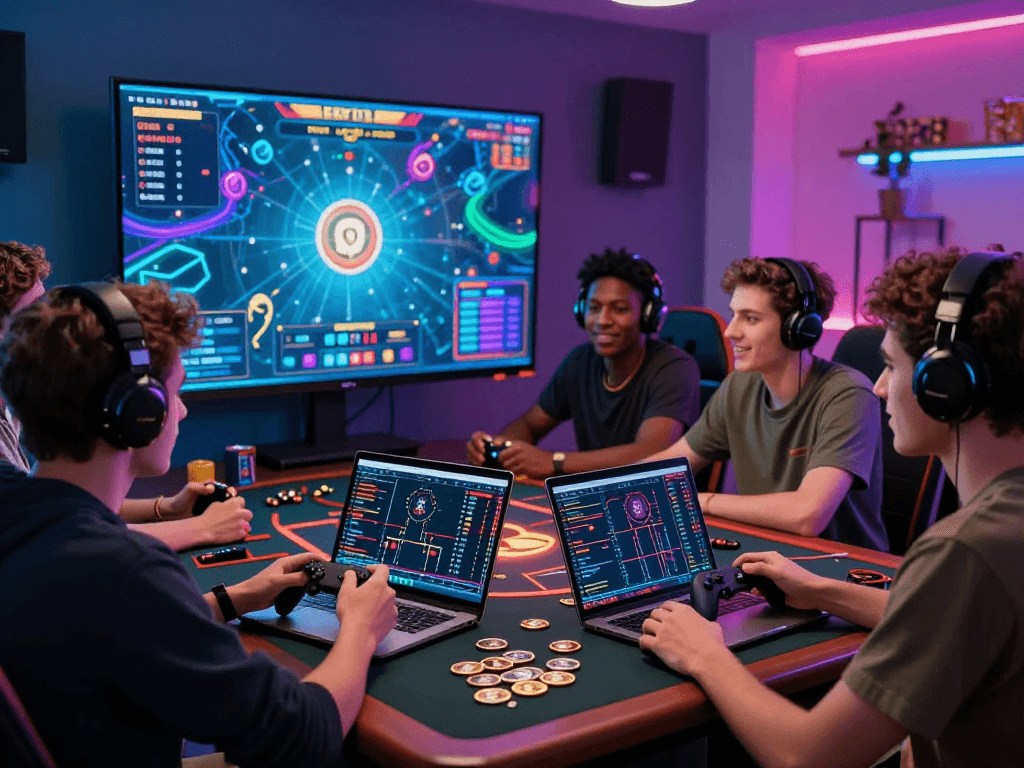 Friends enjoying an engaging crypto casino experience with gaming and cryptocurrency elements.