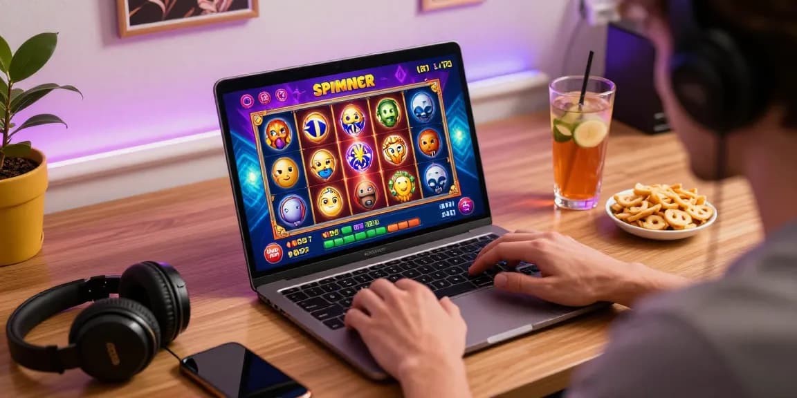 Exciting player enjoying non UK slots on a modern laptop in a colorful gaming corner.