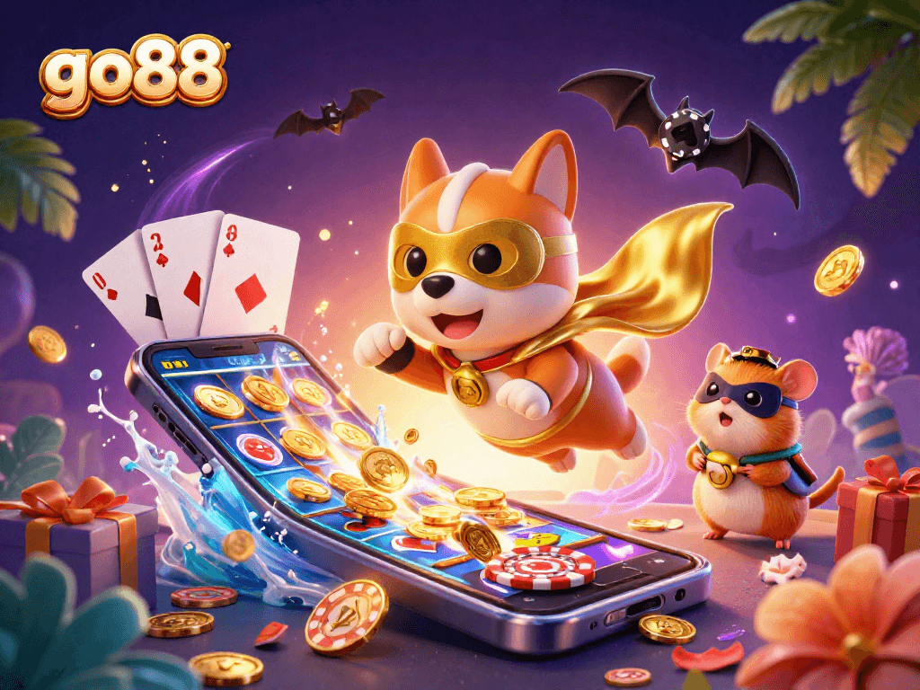 go88 showcases a superhero dog flying with gold coins in a vibrant casino adventure illustration.