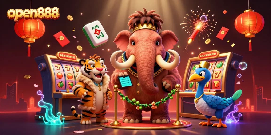 Experience thrilling action at open888 with a cartoon casino scene featuring vibrant characters and game elements.