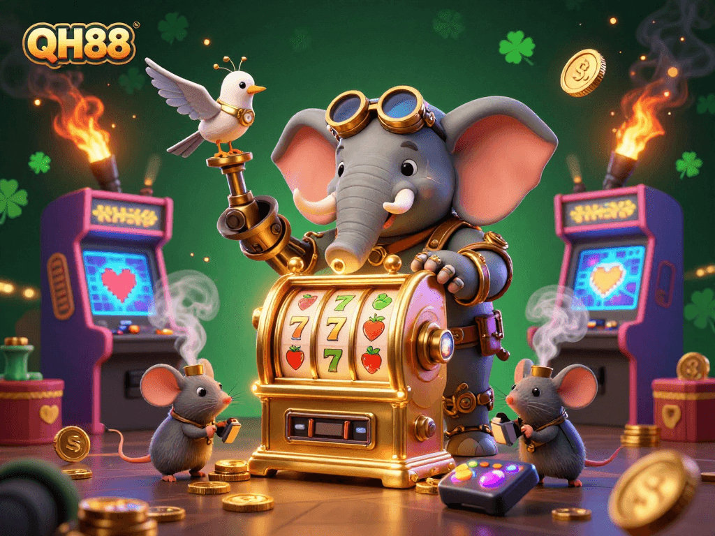 Spin the golden slot machine with QH88's steampunk elephant in an exuberant casino scene.