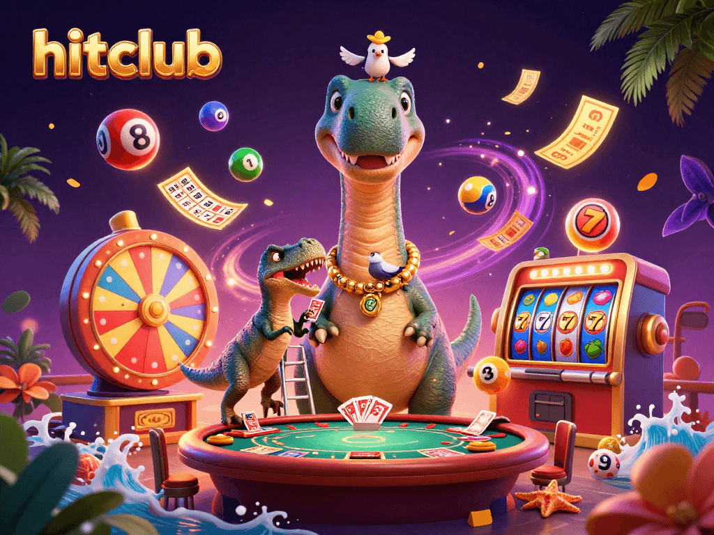 Hitclub casino scene featuring a giant brontosaurus, colorful lottery balls, and vibrant game elements.