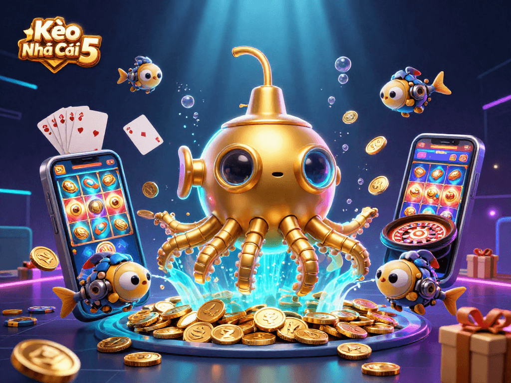 Kèo Nhà Cái 5 showcases an exciting 3D underwater casino theme with a golden kraken and dynamic gaming elements.