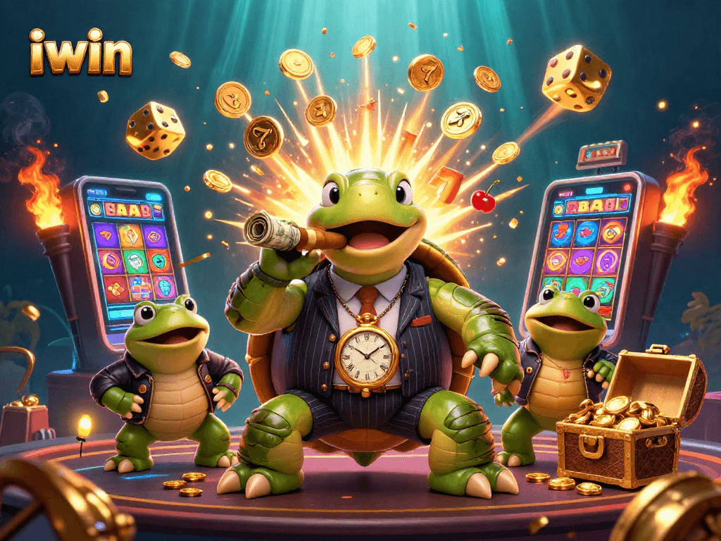 Join the iwin casino adventure with a mobster turtle and bullfrog enforcers amidst jackpot glory!