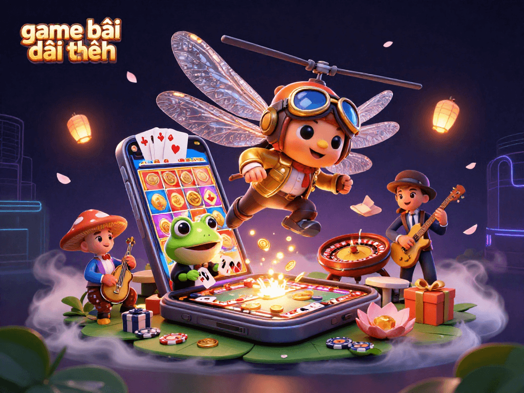 Engage with game bài đổi thưởng through dynamic scenes featuring a dragonfly pilot and frog croupier