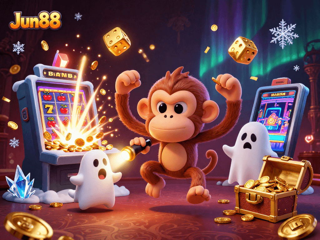 Experience thrilling games at Jun88 with an enchanting casino scene featuring golden coins and lively characters.