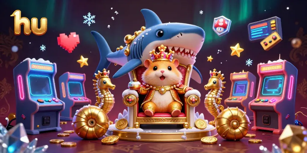 Engage in thrilling gaming at hu with a vibrant 3D illustration of a hamster king on a megalodon throne.