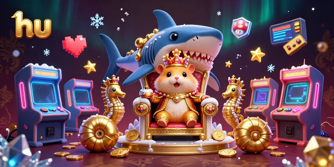 Engage in thrilling gaming at hu with a vibrant 3D illustration of a hamster king on a megalodon throne.