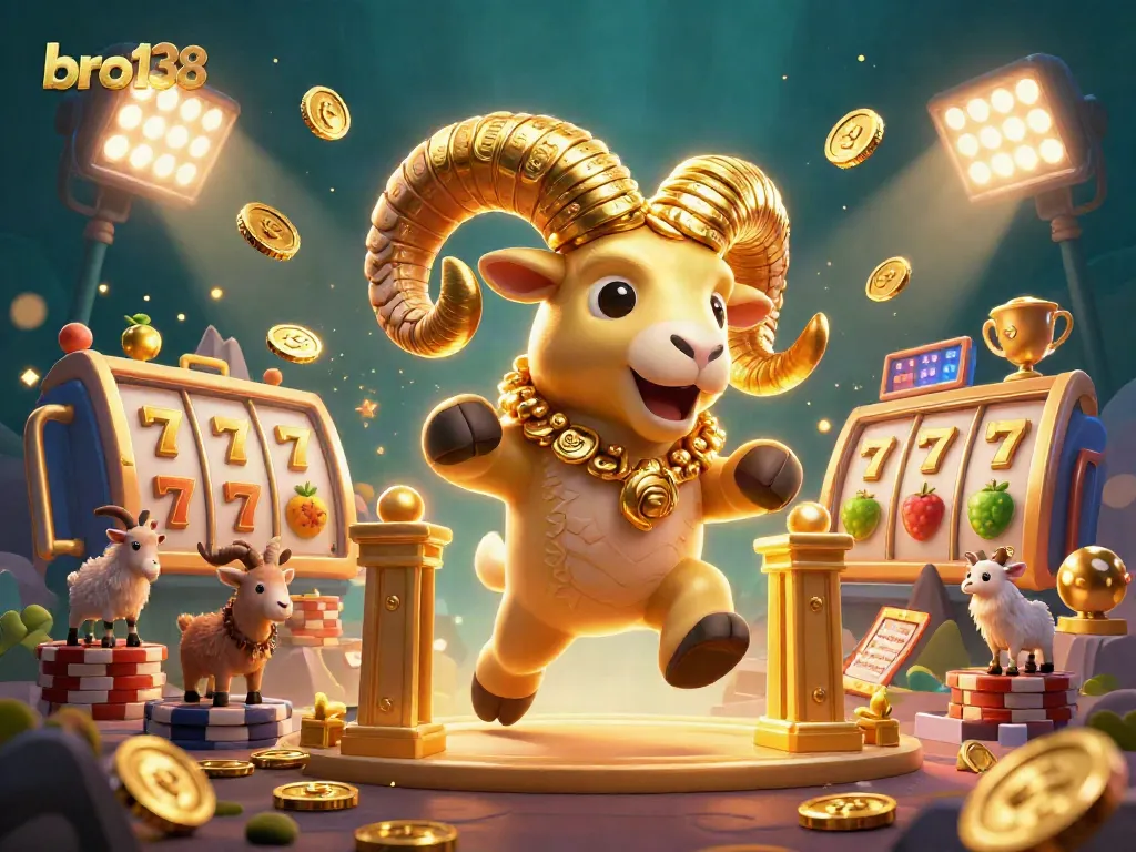 Experience winnings at bro138 with a golden ram charging through a vibrant casino scene.