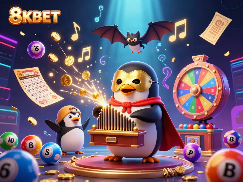 8KBET gaming illustration with a penguin organ player, golden musical notes, and colorful lottery elements.