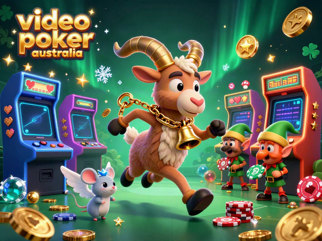Engage in video poker action with Krampus and whimsical characters at a lively casino.