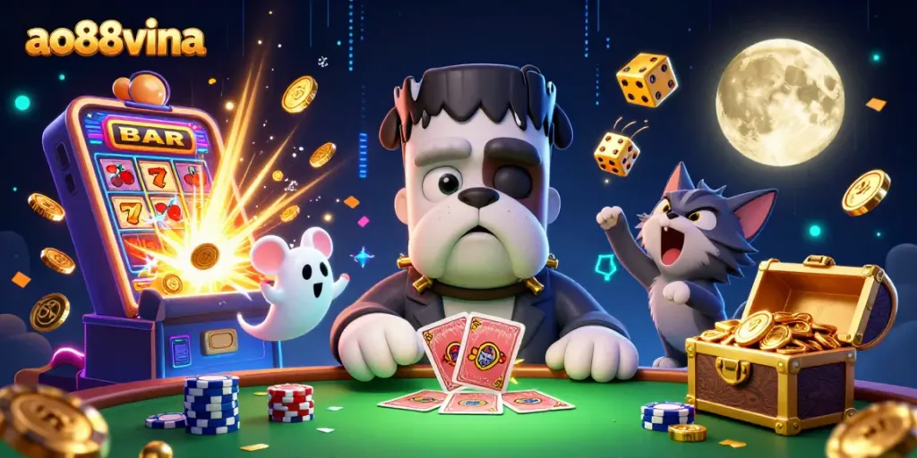 Experience thrilling action with ao88vina's spirited characters in a vibrant 3D casino environment.