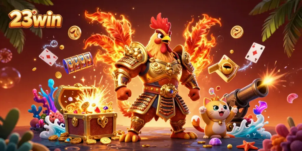 Experience the thrill of 23win with a vivid casino scene featuring warriors and treasures in a dynamic 3D illustration.