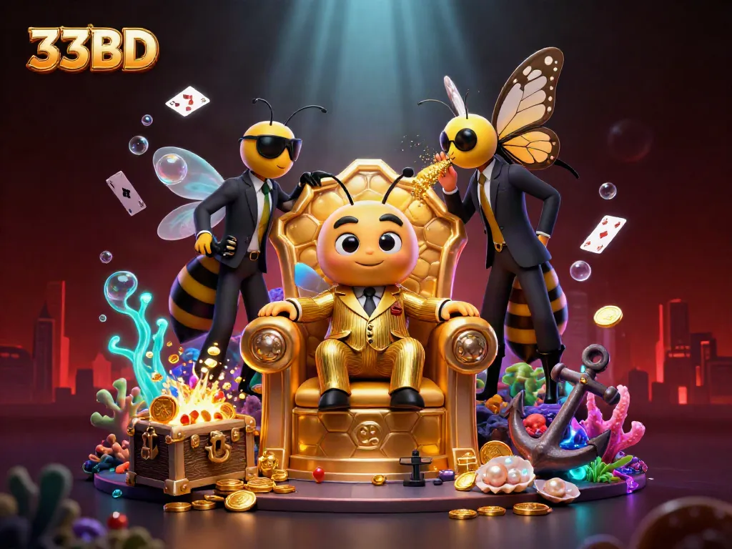 33BD online casino scene with a mob boss bumblebee character, playing cards, and gold coins in 3D.