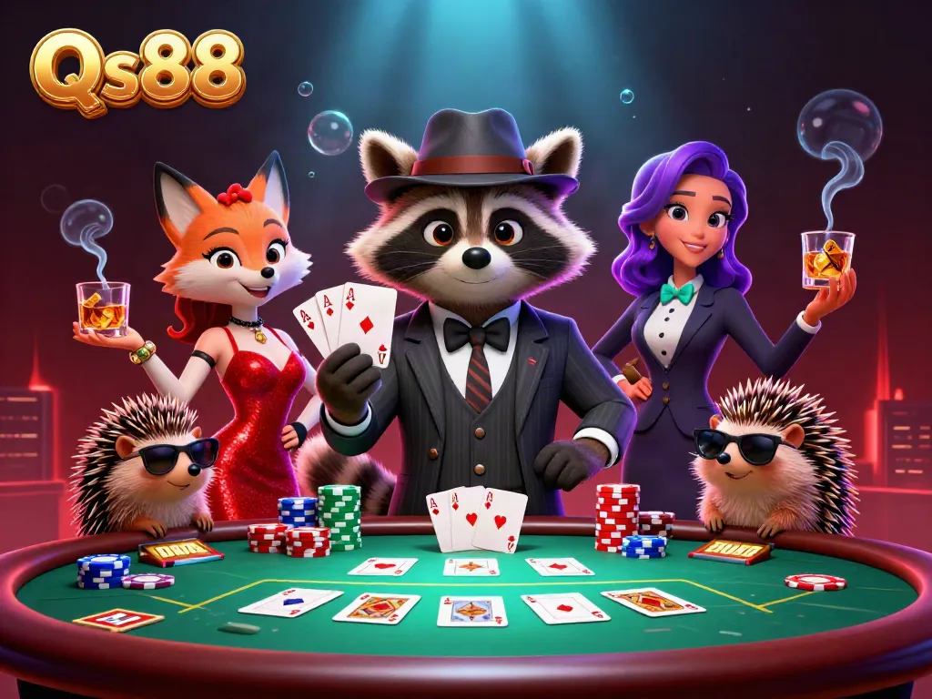 Experience the excitement of Qs88 with cartoon characters at a poker table, showcasing the best casino games.