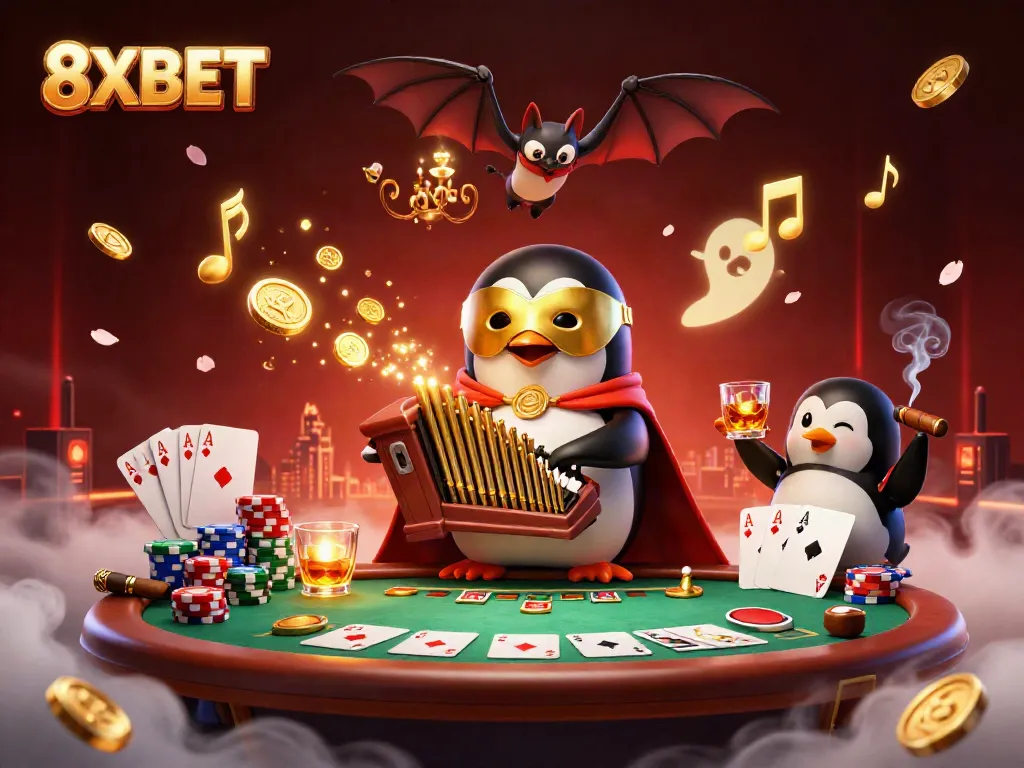 Engage in thrilling action with 8XBET's vibrant casino scene featuring a penguin organist, poker elements, and dynamic energy.