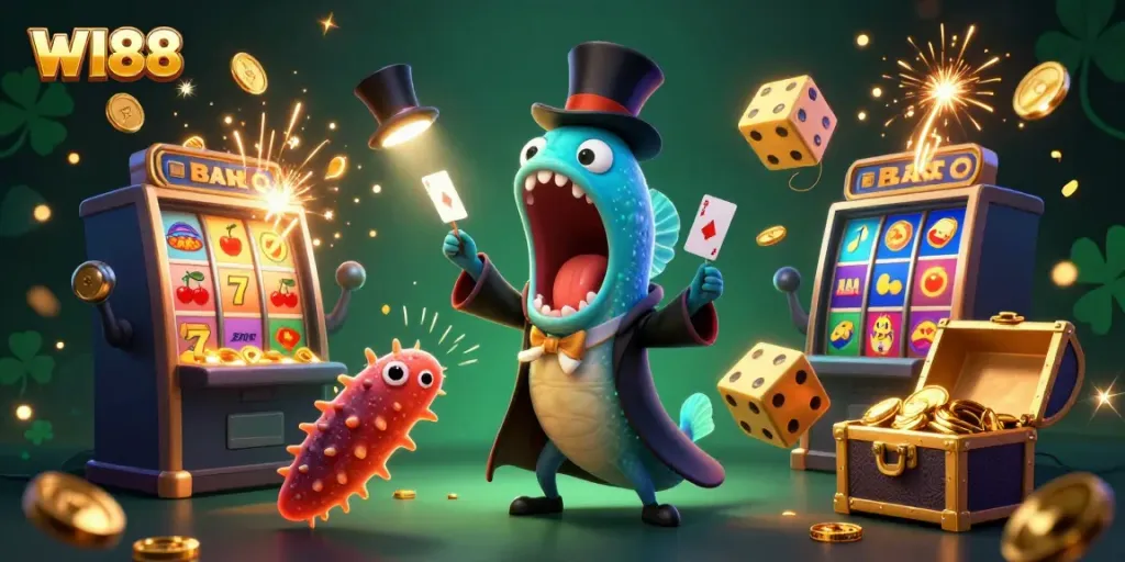 Engage in exhilarating gaming at WI88 with vibrant 3D illustrations of animated characters and casino elements.