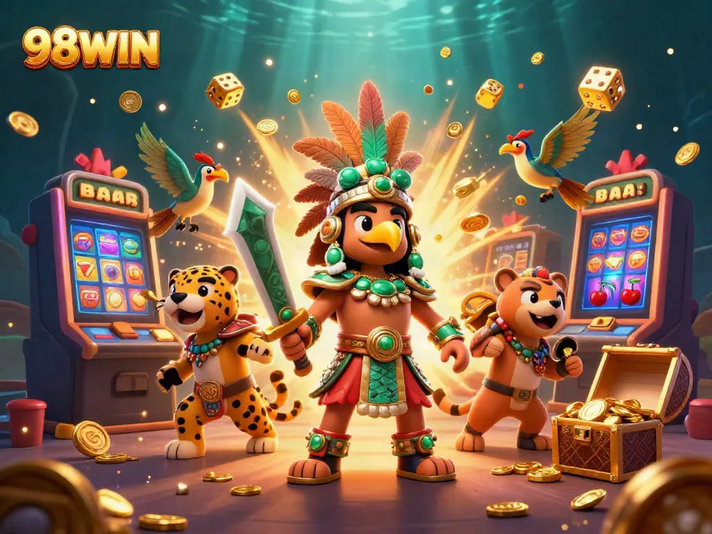 Experience the exhilarating world of 98WIN with an Aztec warrior and dynamic casino elements.
