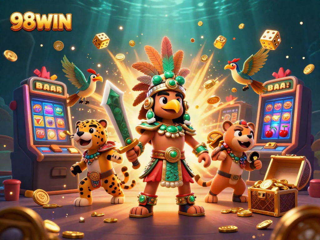 Experience the exhilarating world of 98WIN with an Aztec warrior and dynamic casino elements.