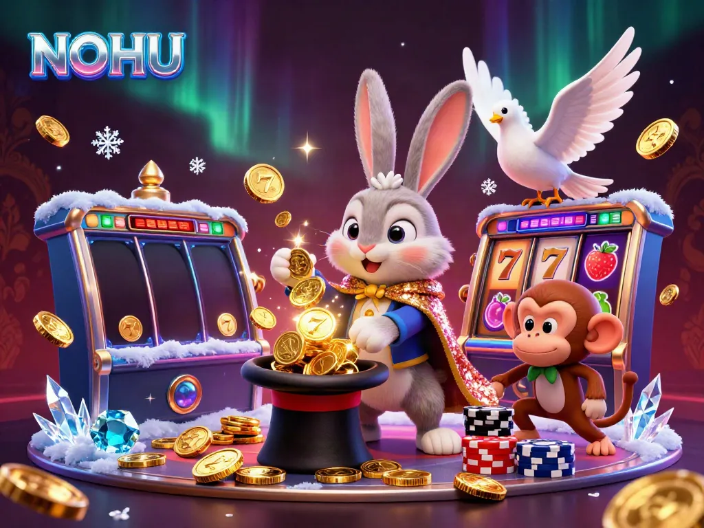 Experience the thrill of NOHU's magical casino world with a rabbit, dove, and monkey among golden coins.
