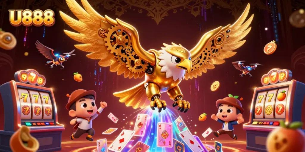Experience the thrilling world of U888 slots with a vibrant 3D illustration of rich game elements.