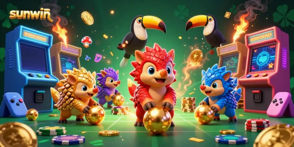 Compete and win with pangolins in a vibrant sunwin-inspired casino scene.