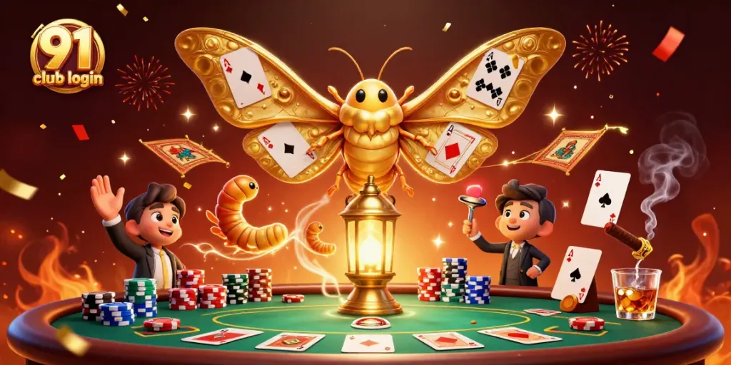 Win big with 91 club login as a 3D moth presides over a vibrant casino scene.