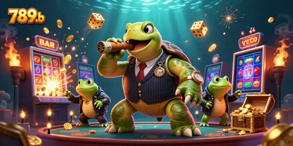 Engage with the thrilling scene of 789b featuring a snapping turtle mobster and casino elements.