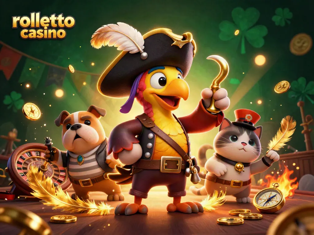 Experience an exciting Rolletto Casino scene with a pirate parrot captain, bulldog first-mate, and cat navigator.