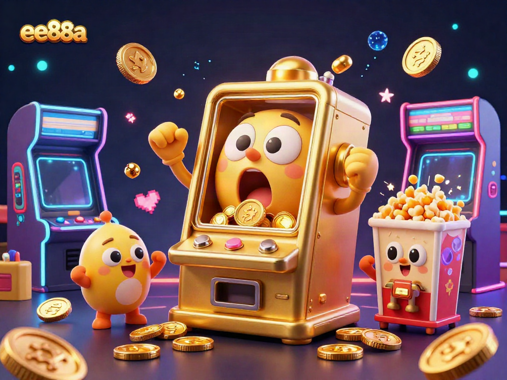 ee88a slot machine hitting a jackpot, surrounded by cheering baby slots and colorful game elements.