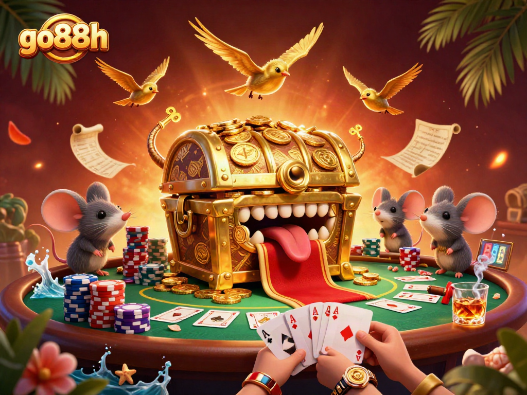 Engage in exciting gameplay at go88h, featuring a vibrant casino scene with poker elements.