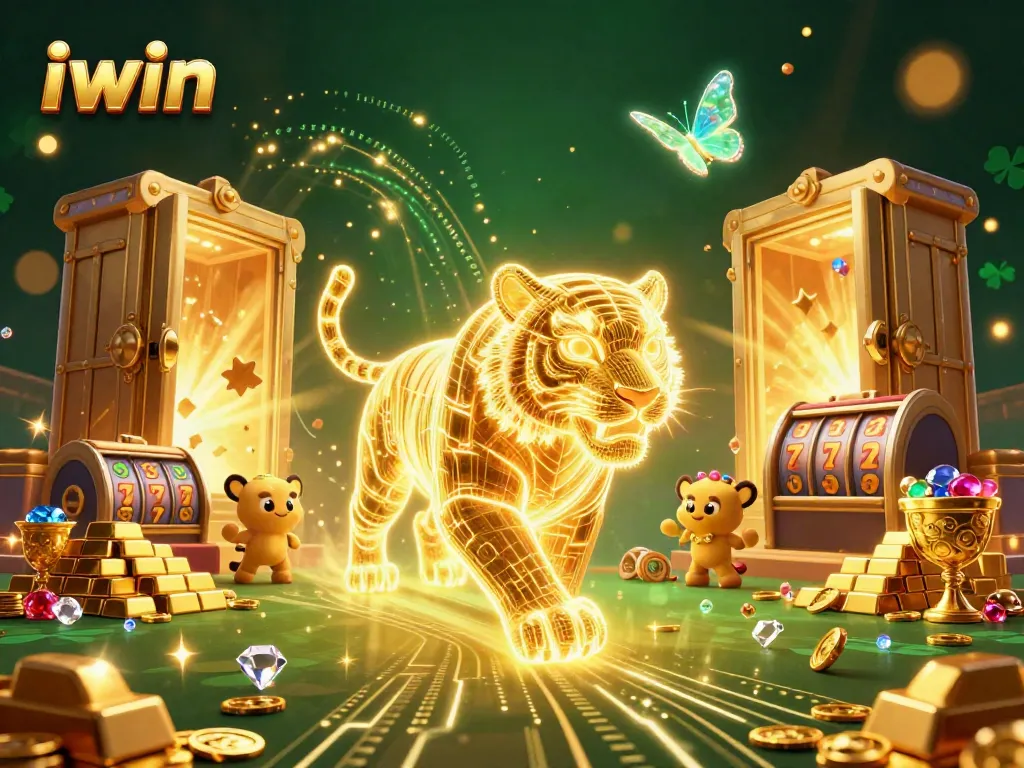 iwin showcases a vibrant digital casino scene with a golden tiger, slot elements, and sparkling treasures.