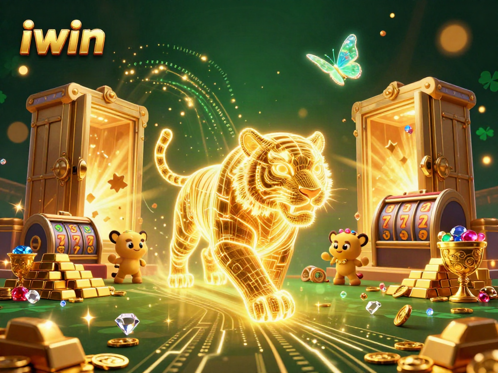 iwin showcases a vibrant digital casino scene with a golden tiger, slot elements, and sparkling treasures.