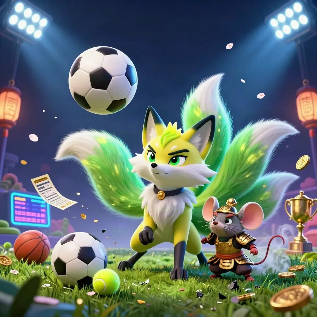 Neon fox spirit and samurai mouse amid flying sports balls, coins, trophy and lights at ground level