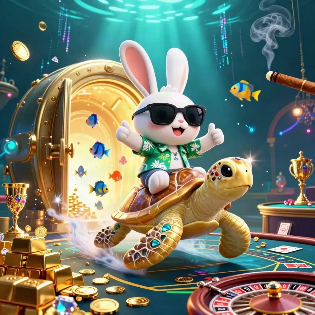 Lucky rabbit on a golden turtle amid vault light, gold, gems, neon streaks, and casino glow