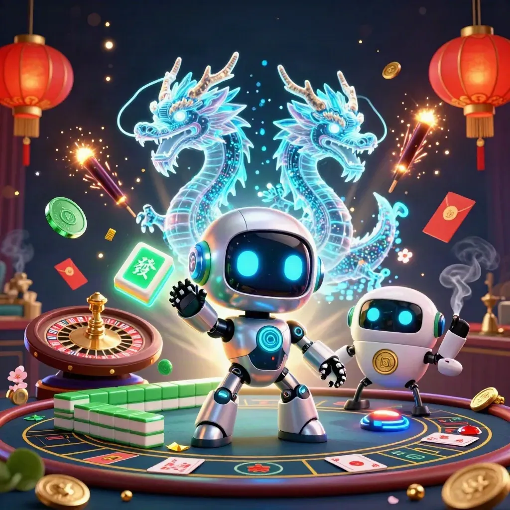 Cyberpunk robot, holographic dragon and coin drone in a luxe casino storm
