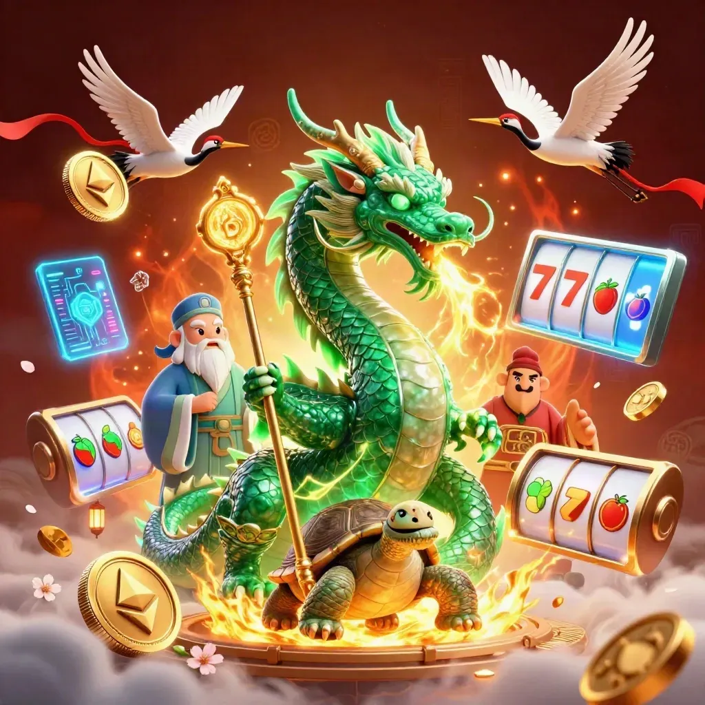 Emerald dragon, turtle sage and cranes amid coins, lightning, petals, and ember glow.