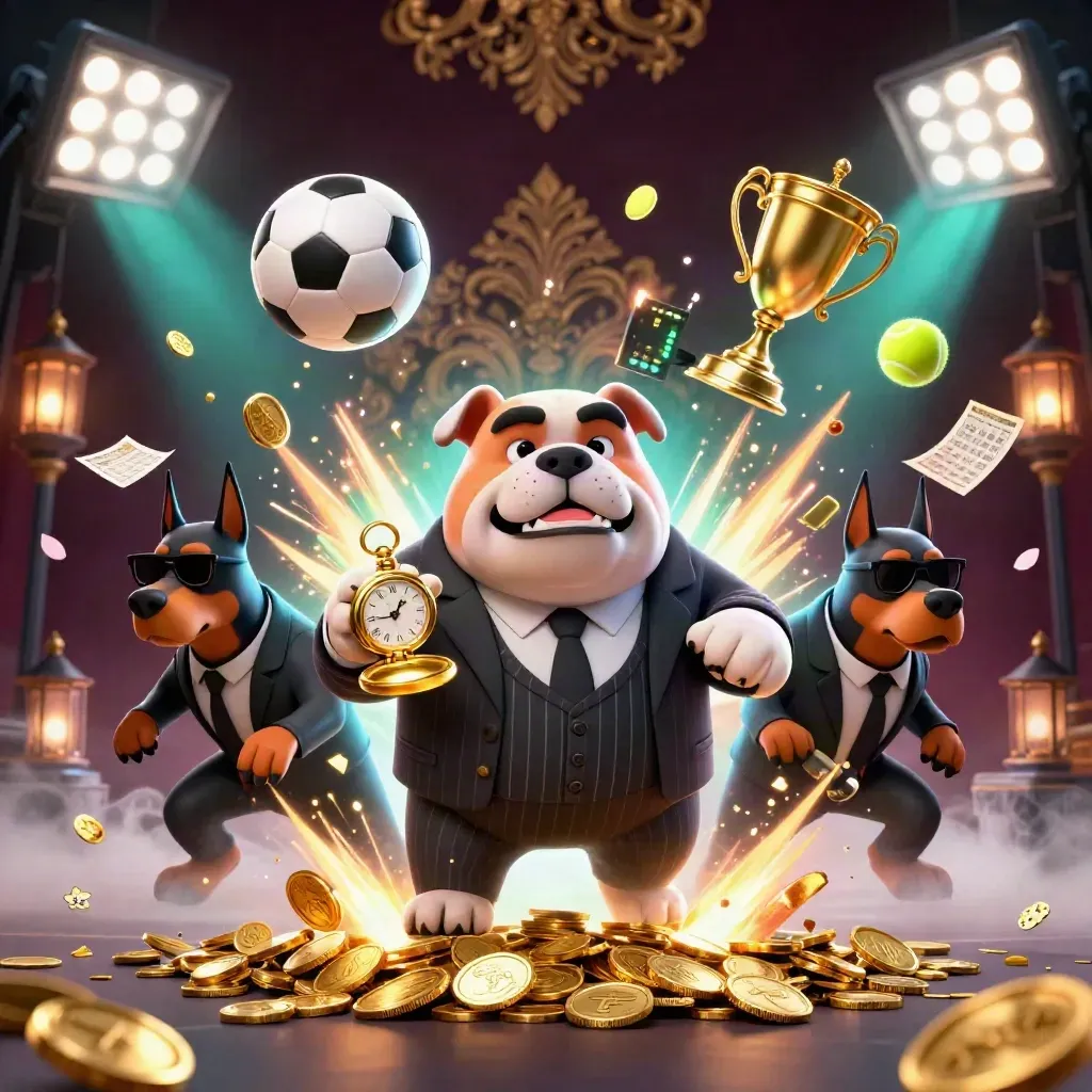 Bulldog boss and Doberman guards amid coins, balls, trophy, fireworks, and casino lights.