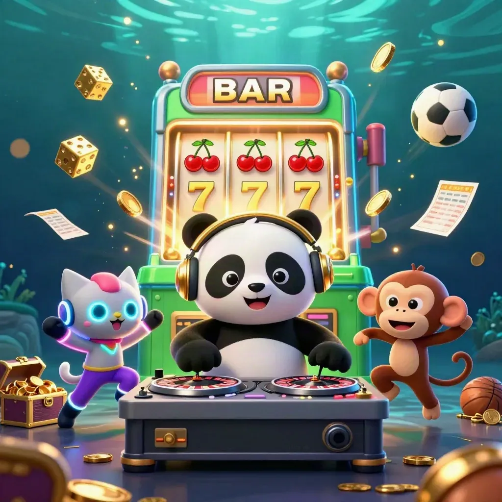 DJ panda, dancing monkey and neon kitten amid treasure burst, slot machine and glowing casino effects