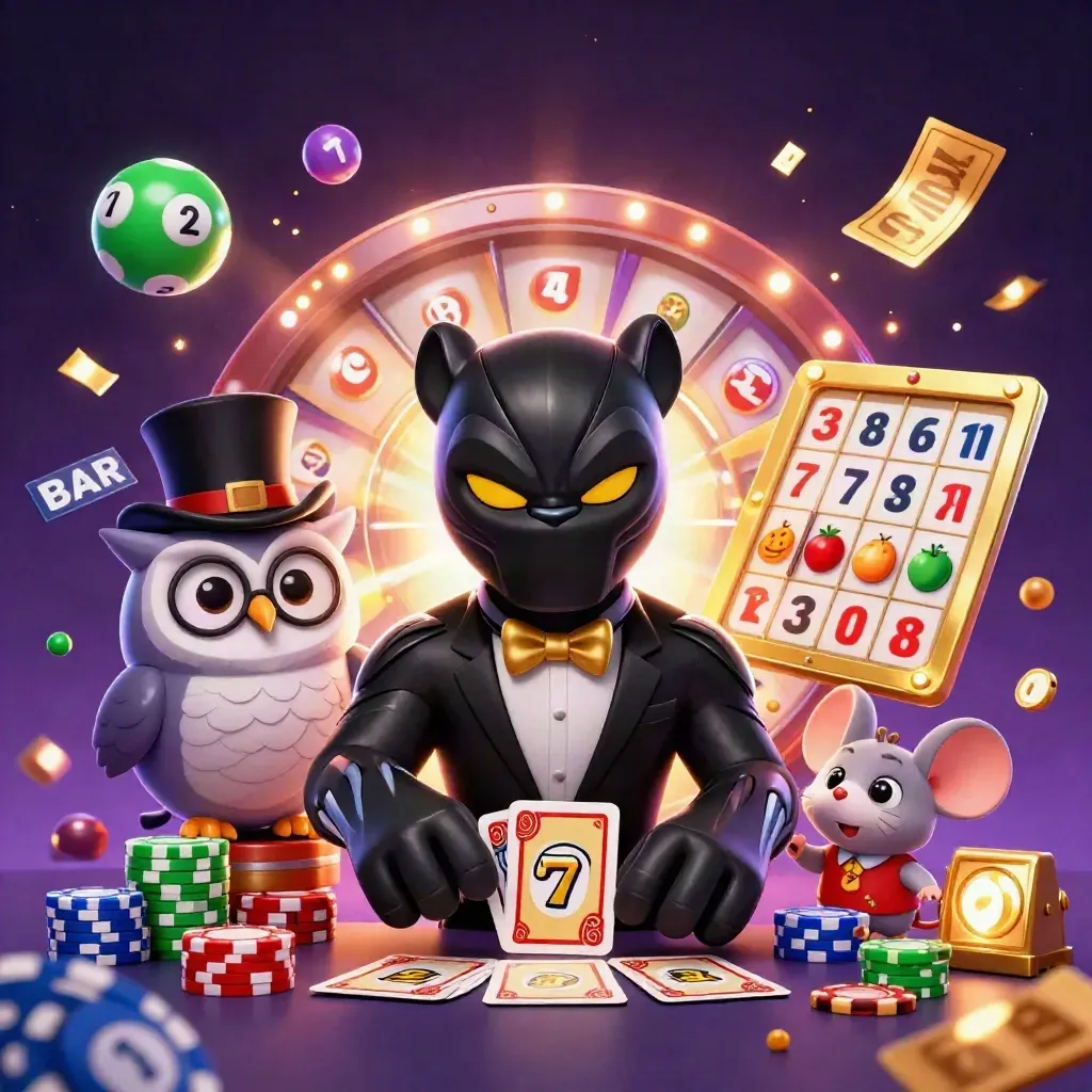 Panther, owl and mouse gamble amid prize wheel, chips, balls and gold confetti.