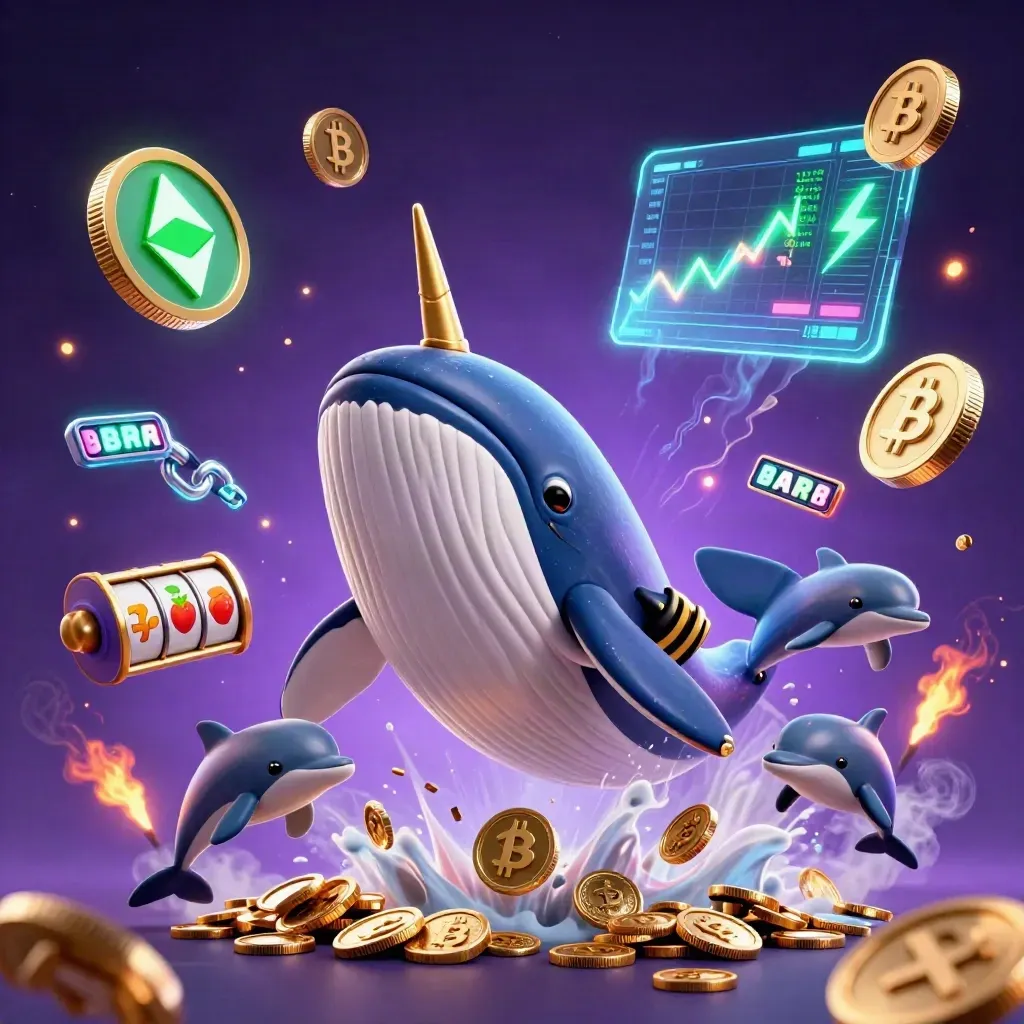 Captain whale, narwhal, and dolphins amid coins, neon crypto effects, and casino reels