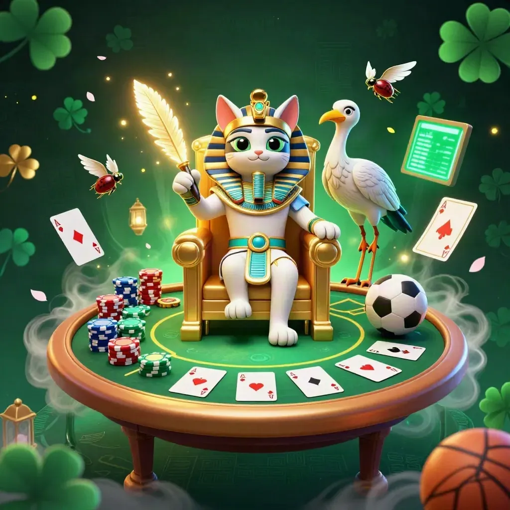 Pharaoh cat throne scene with ibis scribe, scarabs, poker chips, cards, and neon casino glow