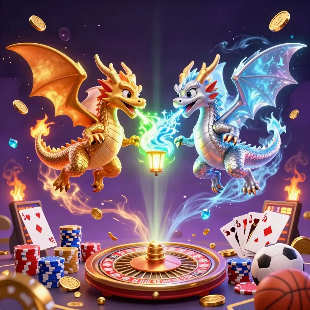 Twin gold and silver dragons with casino icons, coins, cards, chips, and neon sparks.