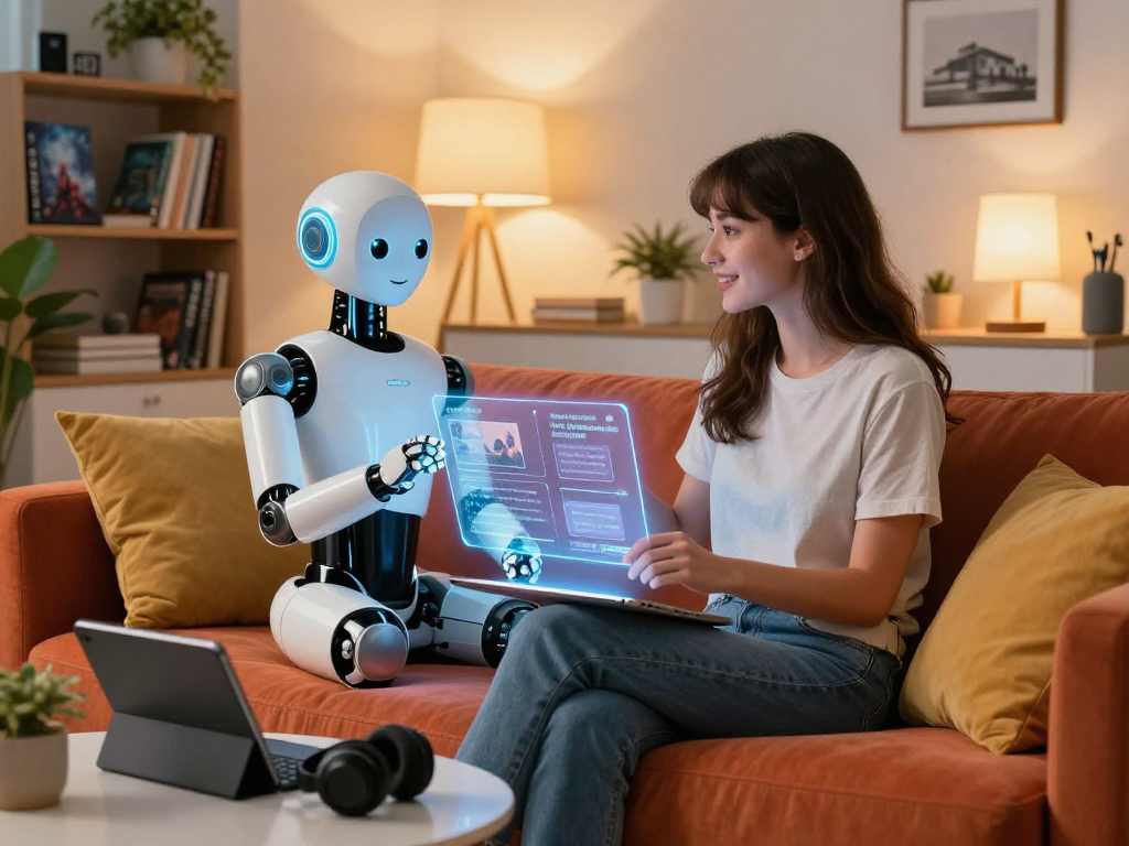 AI girlfriend interacting with young professional in a cozy living room, showcasing technology and companionship.