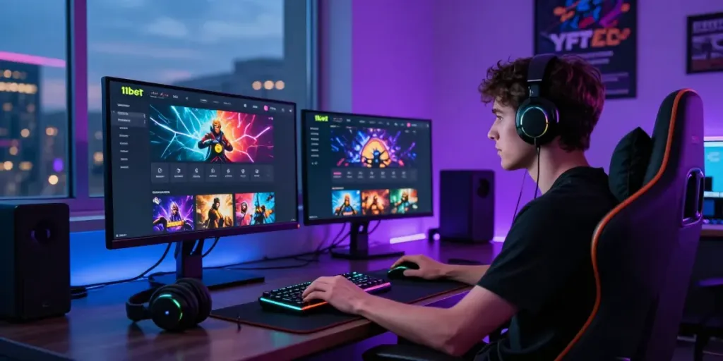 Person engaging in online gaming on 11bet platform with vibrant setup