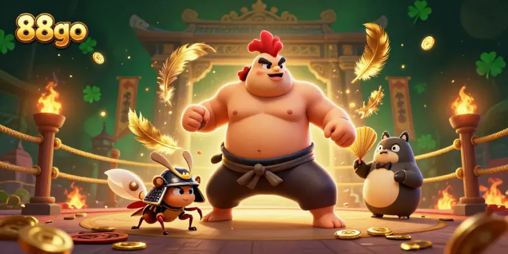 Experience the thrill of 88go with animated characters in an energetic arena filled with gold.