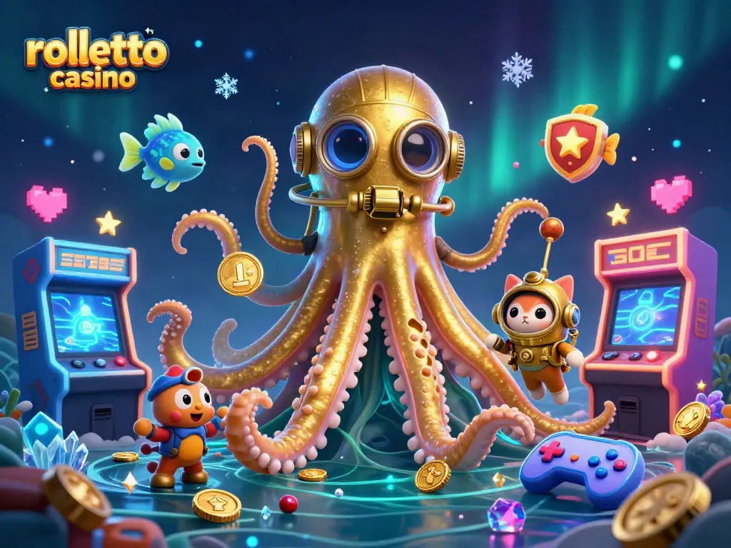 Experience the rolletto casino excitement with a vibrant scene of a kraken and diving cat amidst arcade game elements.