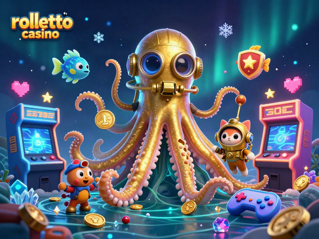 Experience the rolletto casino excitement with a vibrant scene of a kraken and diving cat amidst arcade game elements.