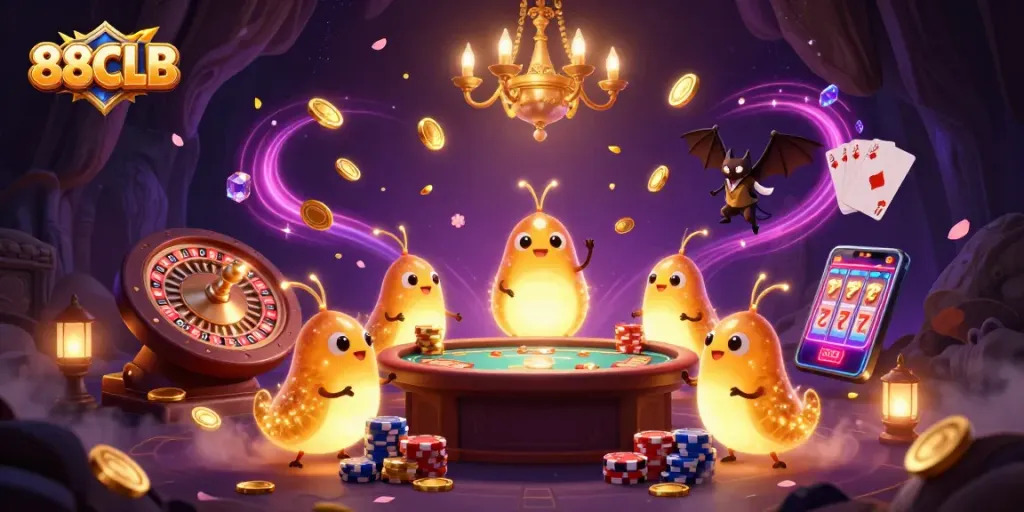 Experience the vibrant 88CLB cave casino with glowing creatures and dynamic game elements.